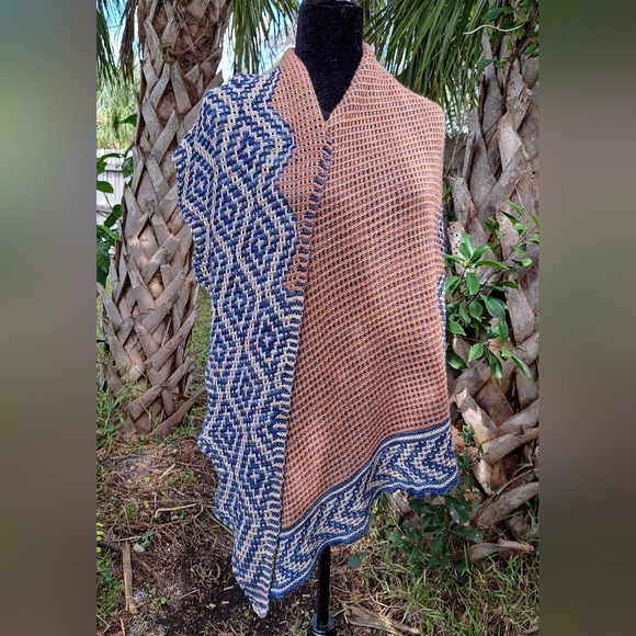 Hand Knit Shawl Blue Brown Beige Hand Dyed Yarn Mosaic Colorwork Soft Warm Cozy - Picture 15 of 16